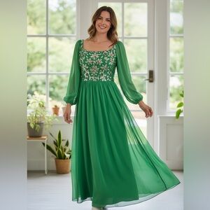 Victoria Royal Ltd 1960s Green sequin & Beaded Vintage Gown Dress sheer sleeves